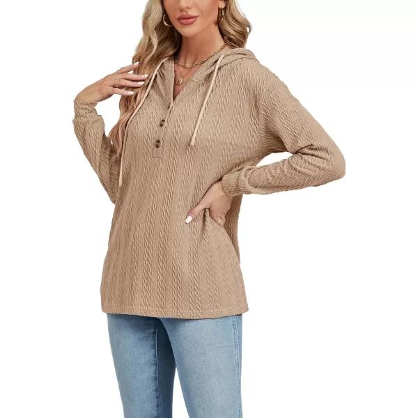 LYANER Women's Casual Button V Neck long sleeve Drawstring Sweatshirt Pullover Hoody Top