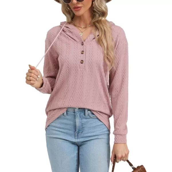 LYANER Women's Casual Button V Neck long sleeve Drawstring Sweatshirt Pullover Hoody Top