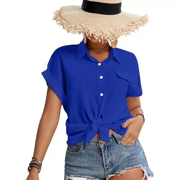 LYANER Women's Casual Collared Rolled Up Cap Sleeves Button Down Work Blouse Shirt Tops