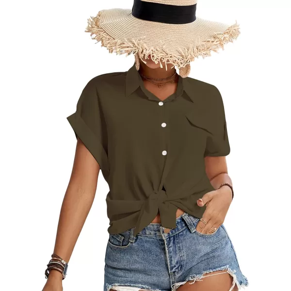 LYANER Women's Casual Collared Rolled Up Cap Sleeves Button Down Work Blouse Shirt Tops
