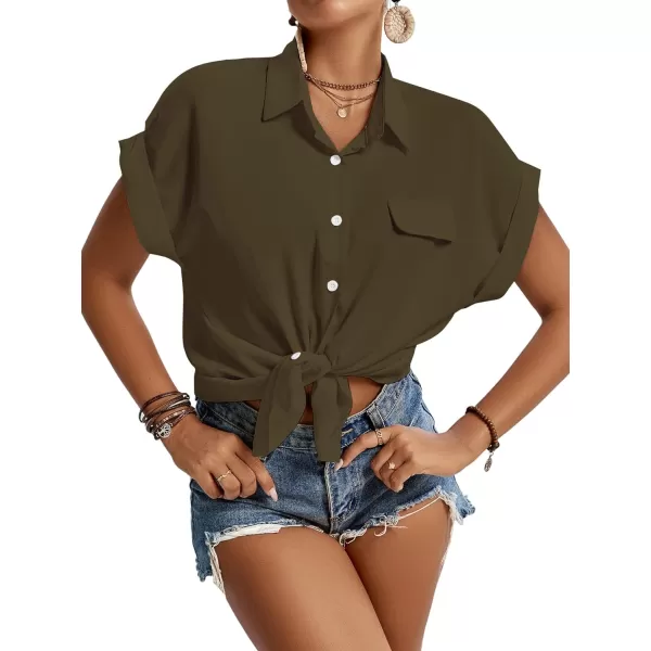 LYANER Women's Casual Collared Rolled Up Cap Sleeves Button Down Work Blouse Shirt Tops