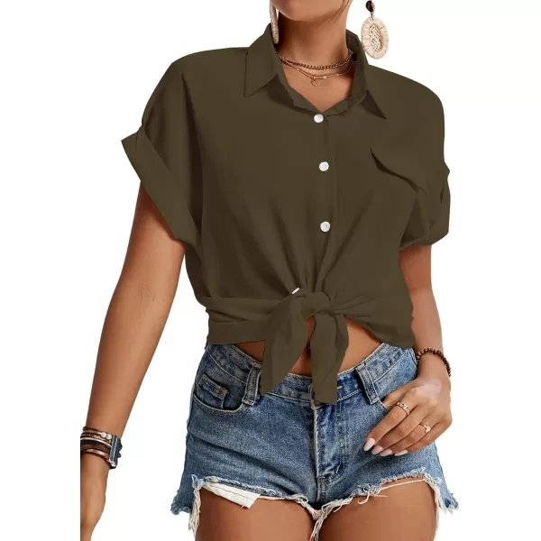 LYANER Women's Casual Collared Rolled Up Cap Sleeves Button Down Work Blouse Shirt Tops