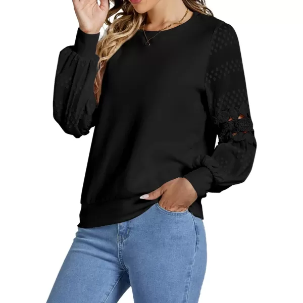 LYANER Women's Casual Crewneck Hollow Out Lace Crochet Sweatshirt Lantern Long Sleeve Pullover Tops