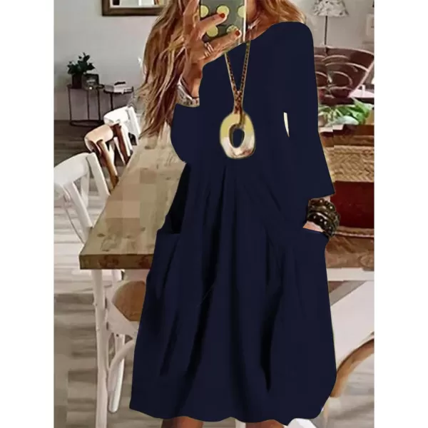 LYANER Women's Casual Crewneck Long Sleeve Loose Fit Midi Dress with Pocket