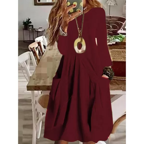 LYANER Women's Casual Crewneck Long Sleeve Loose Fit Midi Dress with Pocket