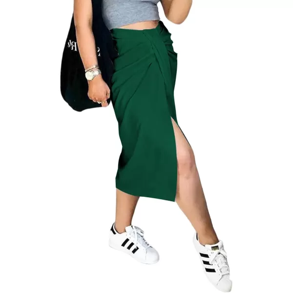 LYANER Women's Casual Draped Ruched Front High Waist Split Slit Hem Midi Skirt