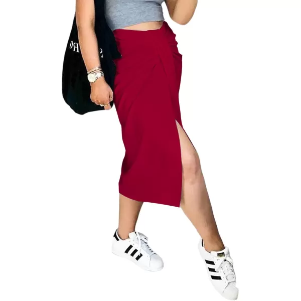 LYANER Women's Casual Draped Ruched Front High Waist Split Slit Hem Midi Skirt