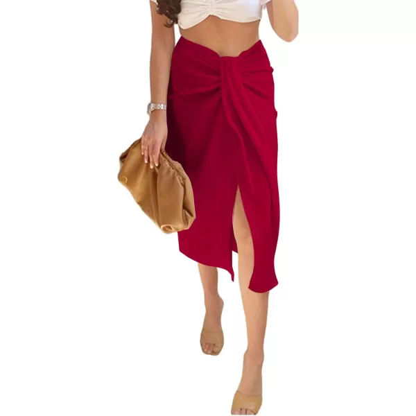 LYANER Women's Casual Draped Ruched Front High Waist Split Slit Hem Midi Skirt