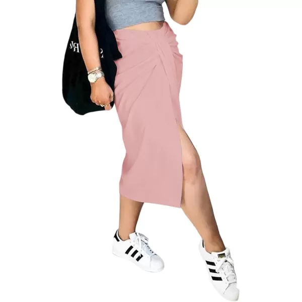 LYANER Women's Casual Draped Ruched Front High Waist Split Slit Hem Midi Skirt