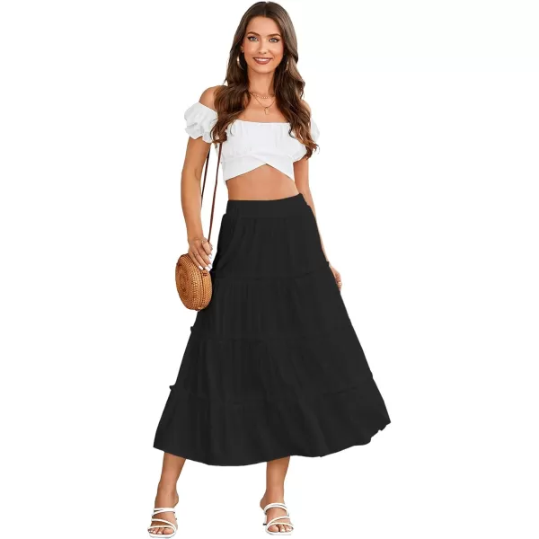 LYANER Women's Casual Elastic High Waist Layer Ruffle A Line Swing Long Maxi Skirt