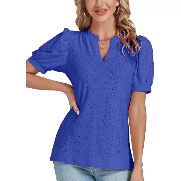 LYANER Women's Casual Eyelet V Neck Puff Short Sleeve Shirt Blouse Tunic Top