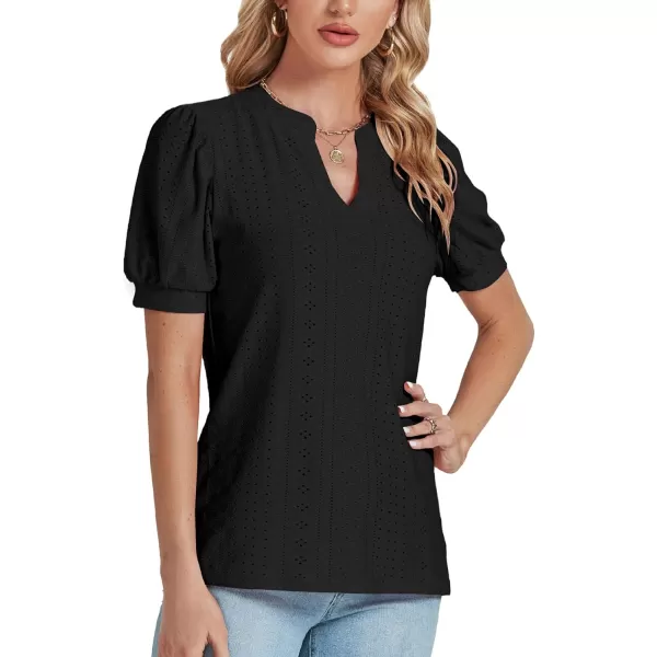 LYANER Women's Casual Eyelet V Neck Puff Short Sleeve Shirt Blouse Tunic Top