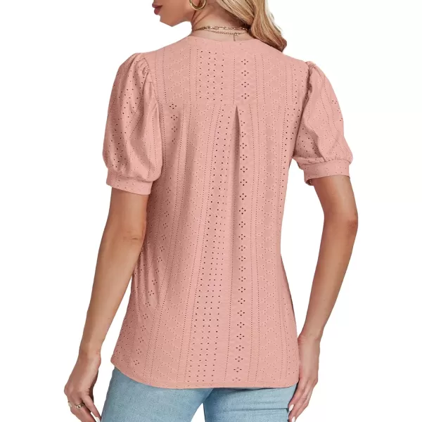 LYANER Women's Casual Eyelet V Neck Puff Short Sleeve Shirt Blouse Tunic Top