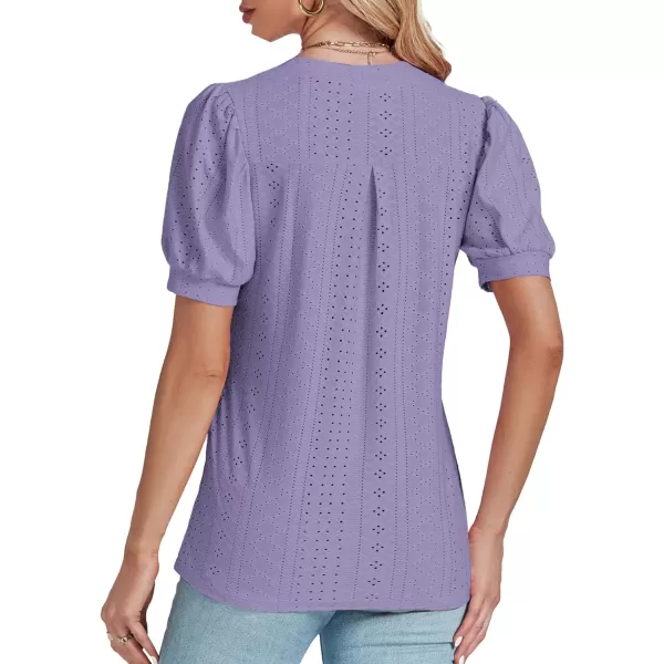LYANER Women's Casual Eyelet V Neck Puff Short Sleeve Shirt Blouse Tunic Top