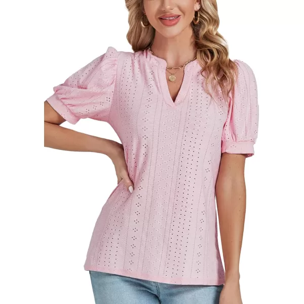 LYANER Women's Casual Eyelet V Neck Puff Short Sleeve Shirt Blouse Tunic Top