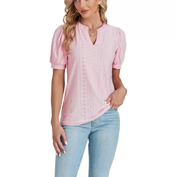 LYANER Women's Casual Eyelet V Neck Puff Short Sleeve Shirt Blouse Tunic Top