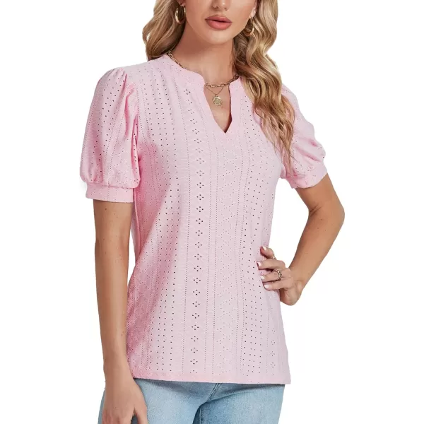 LYANER Women's Casual Eyelet V Neck Puff Short Sleeve Shirt Blouse Tunic Top