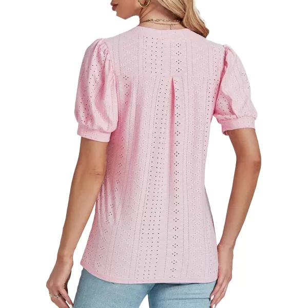 LYANER Women's Casual Eyelet V Neck Puff Short Sleeve Shirt Blouse Tunic Top