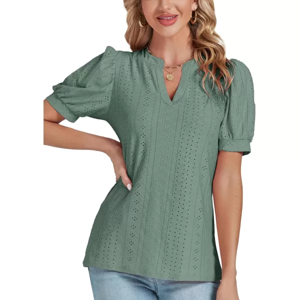 LYANER Women's Casual Eyelet V Neck Puff Short Sleeve Shirt Blouse Tunic Top
