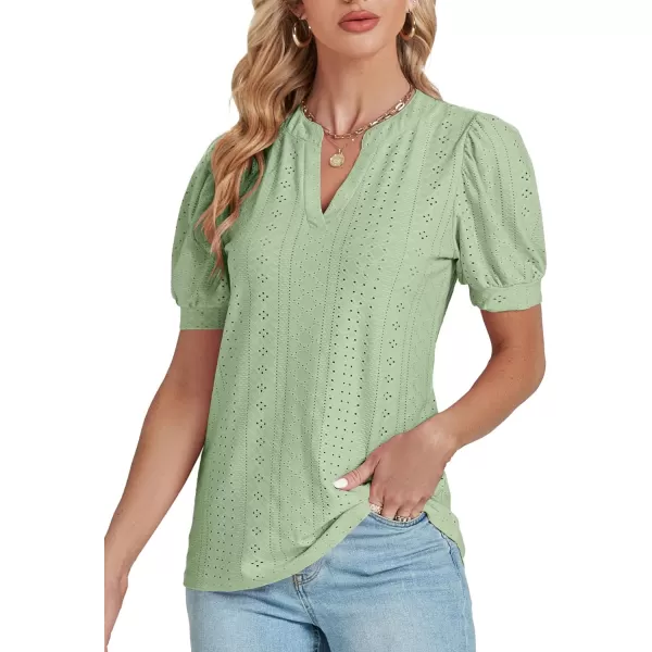 LYANER Women's Casual Eyelet V Neck Puff Short Sleeve Shirt Blouse Tunic Top
