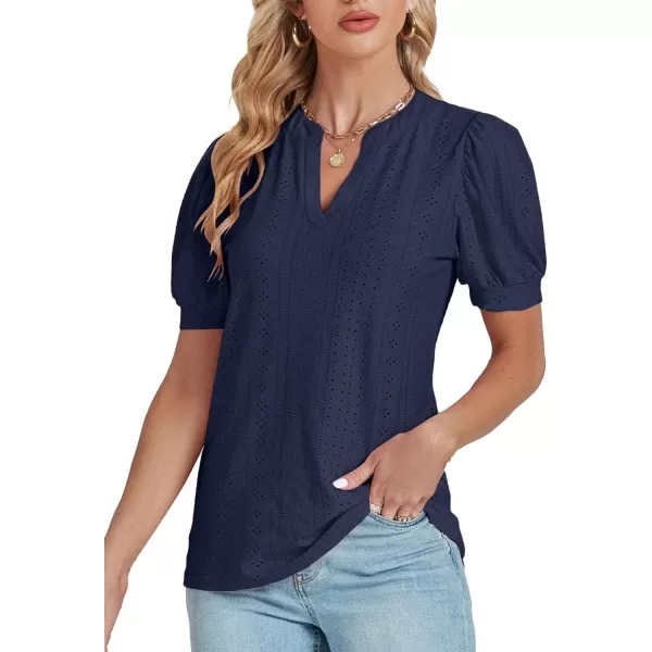 LYANER Women's Casual Eyelet V Neck Puff Short Sleeve Shirt Blouse Tunic Top