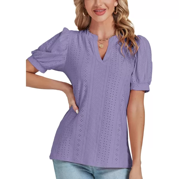 LYANER Women's Casual Eyelet V Neck Puff Short Sleeve Shirt Blouse Tunic Top
