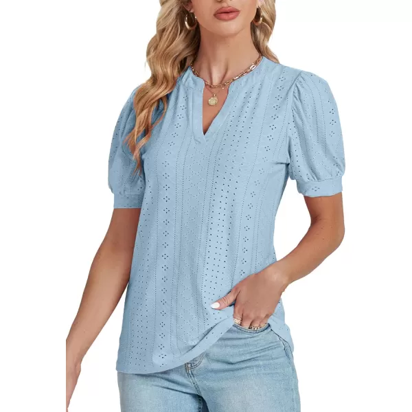 LYANER Women's Casual Eyelet V Neck Puff Short Sleeve Shirt Blouse Tunic Top