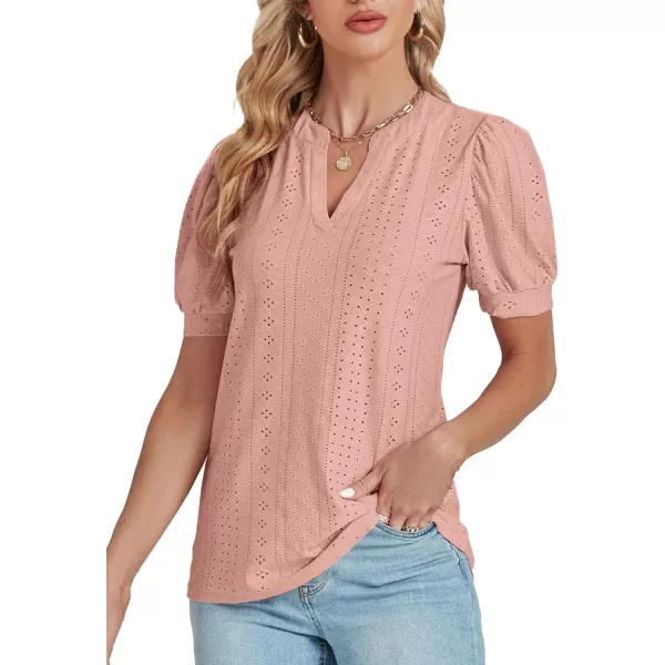 LYANER Women's Casual Eyelet V Neck Puff Short Sleeve Shirt Blouse Tunic Top