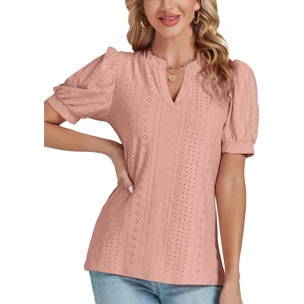 LYANER Women's Casual Eyelet V Neck Puff Short Sleeve Shirt Blouse Tunic Top