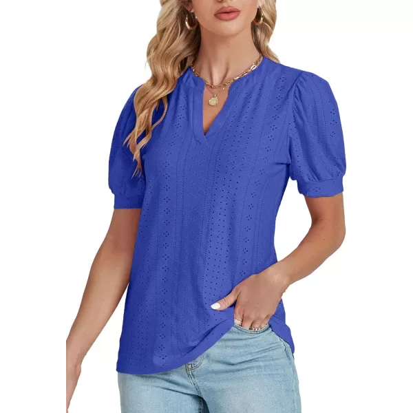 LYANER Women's Casual Eyelet V Neck Puff Short Sleeve Shirt Blouse Tunic Top
