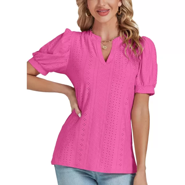 LYANER Women's Casual Eyelet V Neck Puff Short Sleeve Shirt Blouse Tunic Top