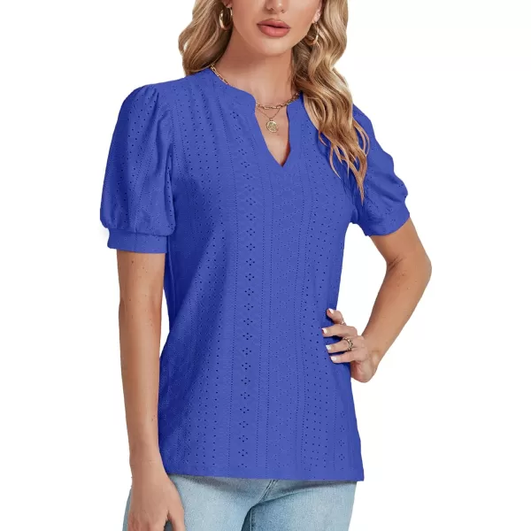 LYANER Women's Casual Eyelet V Neck Puff Short Sleeve Shirt Blouse Tunic Top