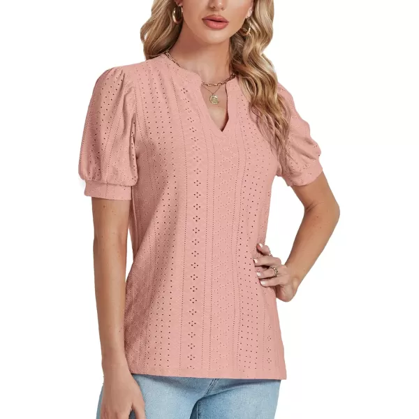 LYANER Women's Casual Eyelet V Neck Puff Short Sleeve Shirt Blouse Tunic Top