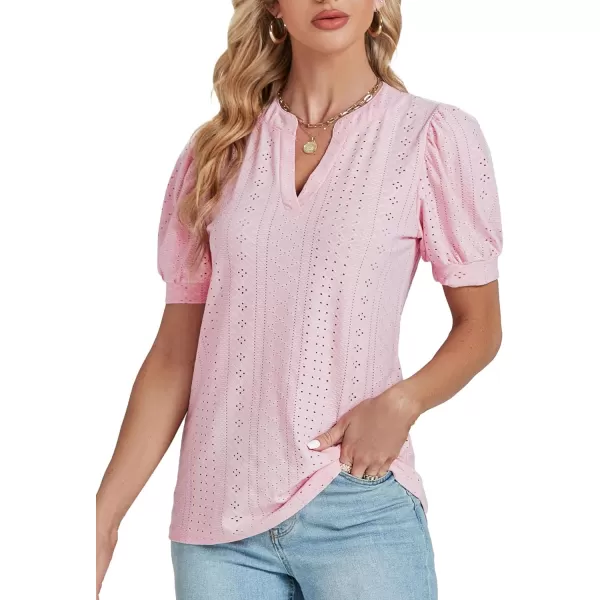 LYANER Women's Casual Eyelet V Neck Puff Short Sleeve Shirt Blouse Tunic Top