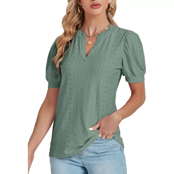 LYANER Women's Casual Eyelet V Neck Puff Short Sleeve Shirt Blouse Tunic Top