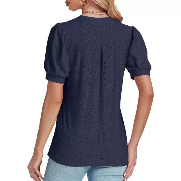 LYANER Women's Casual Eyelet V Neck Puff Short Sleeve Shirt Blouse Tunic Top