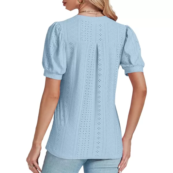 LYANER Women's Casual Eyelet V Neck Puff Short Sleeve Shirt Blouse Tunic Top