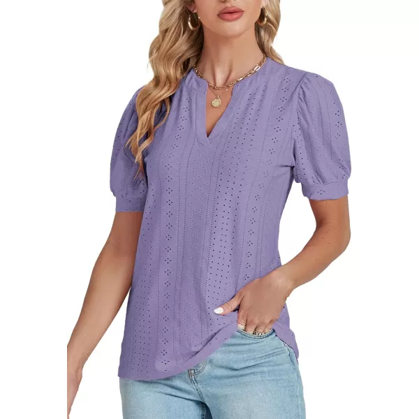 LYANER Women's Casual Eyelet V Neck Puff Short Sleeve Shirt Blouse Tunic Top