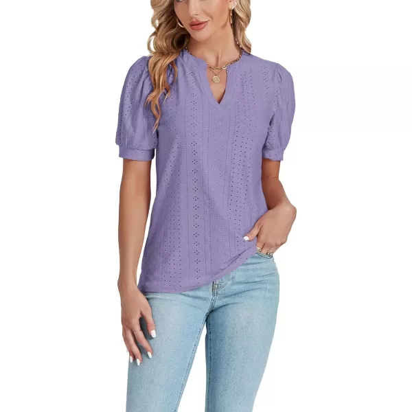 LYANER Women's Casual Eyelet V Neck Puff Short Sleeve Shirt Blouse Tunic Top