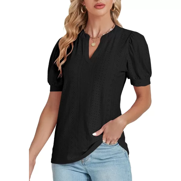 LYANER Women's Casual Eyelet V Neck Puff Short Sleeve Shirt Blouse Tunic Top