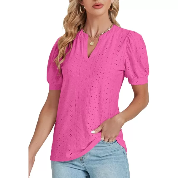 LYANER Women's Casual Eyelet V Neck Puff Short Sleeve Shirt Blouse Tunic Top