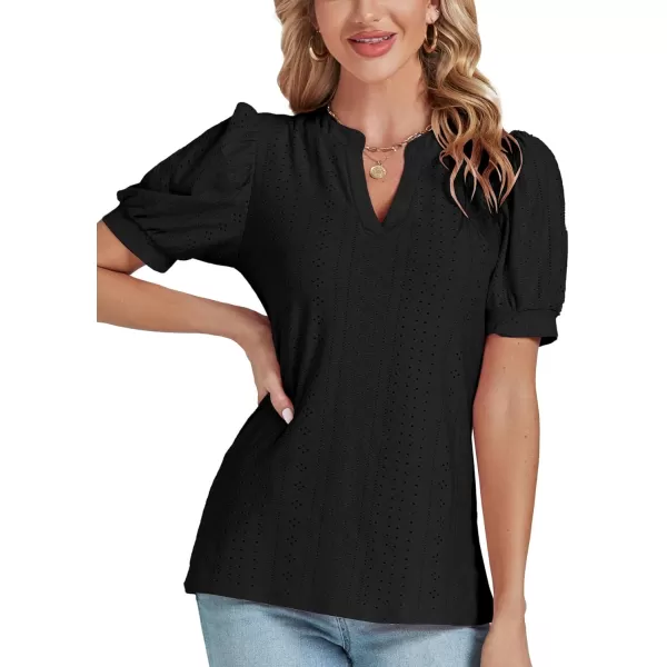 LYANER Women's Casual Eyelet V Neck Puff Short Sleeve Shirt Blouse Tunic Top