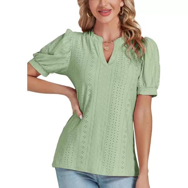 LYANER Women's Casual Eyelet V Neck Puff Short Sleeve Shirt Blouse Tunic Top