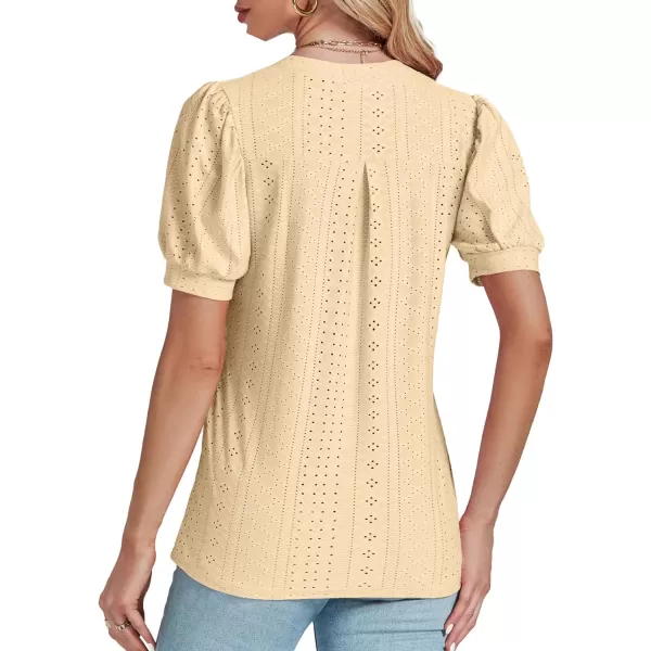 LYANER Women's Casual Eyelet V Neck Puff Short Sleeve Shirt Blouse Tunic Top