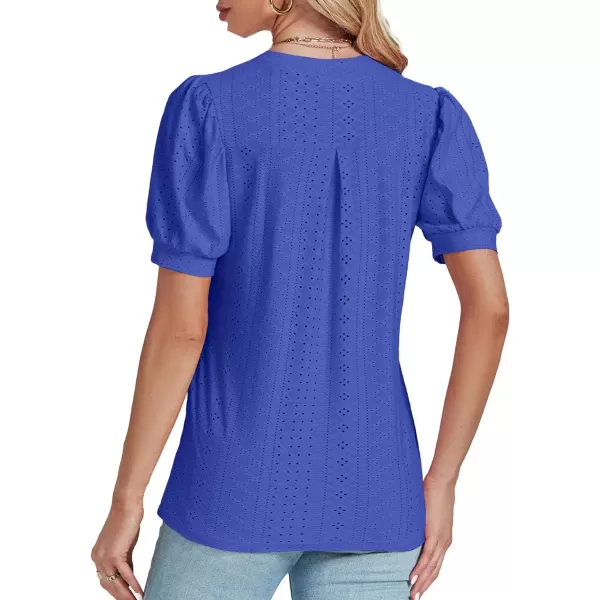 LYANER Women's Casual Eyelet V Neck Puff Short Sleeve Shirt Blouse Tunic Top
