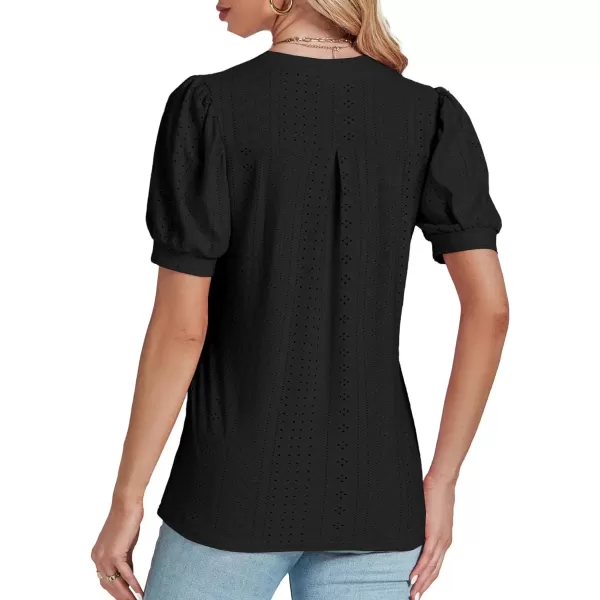 LYANER Women's Casual Eyelet V Neck Puff Short Sleeve Shirt Blouse Tunic Top