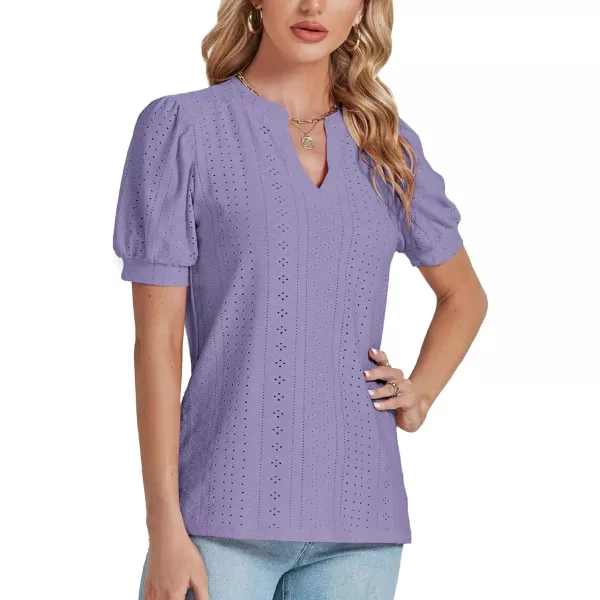 LYANER Women's Casual Eyelet V Neck Puff Short Sleeve Shirt Blouse Tunic Top