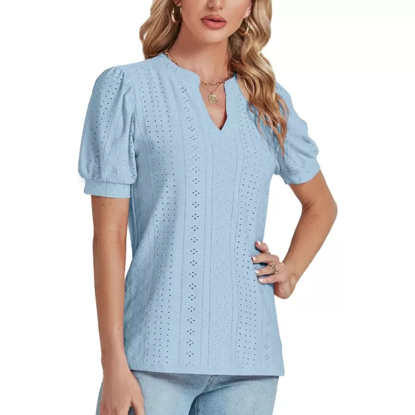 LYANER Women's Casual Eyelet V Neck Puff Short Sleeve Shirt Blouse Tunic Top