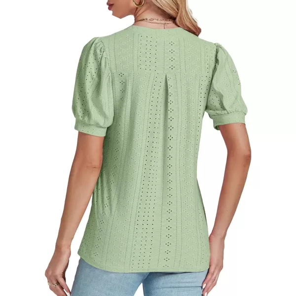 LYANER Women's Casual Eyelet V Neck Puff Short Sleeve Shirt Blouse Tunic Top