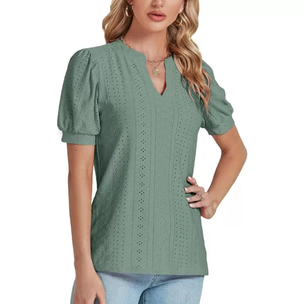 LYANER Women's Casual Eyelet V Neck Puff Short Sleeve Shirt Blouse Tunic Top